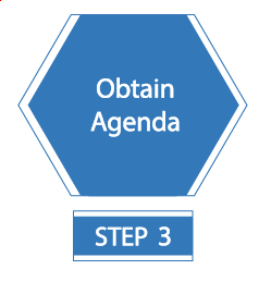 A blue hexagon that reads, "Obtain Agenda," step 3.