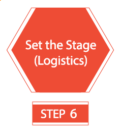 An orange hexagon that reads, "Set the Stage (Logistics)", part 6.